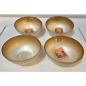 Turkish Delights Glass Set Of 4 Gold White Cereal Soup Bowls Gold Rim 6” New